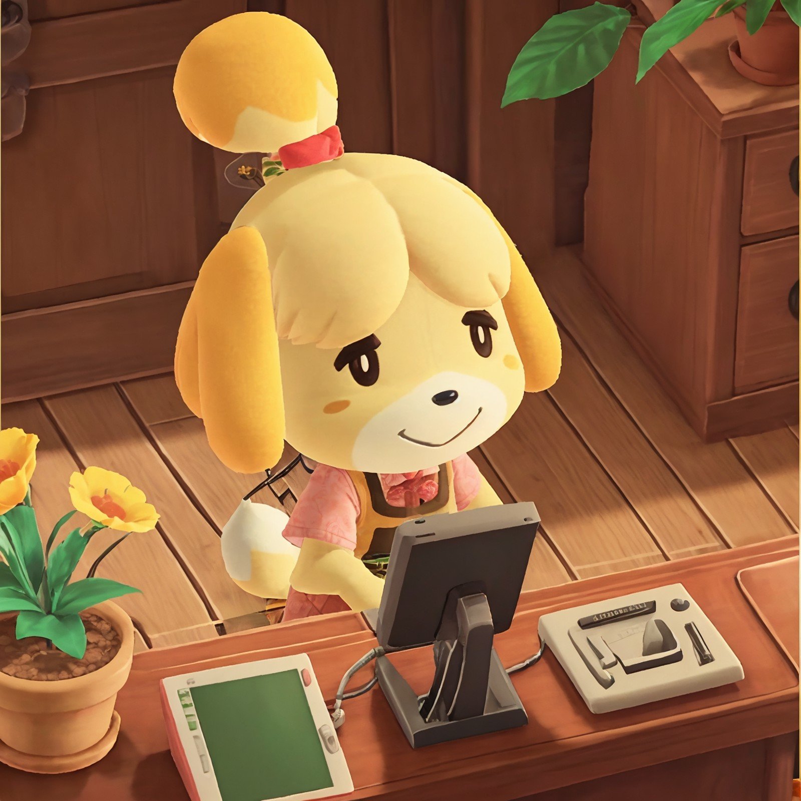 isabelle \(animal crossing\), 1girl, dog girl, flower, solo, animal ears, smile, dog ears, blonde hair, blush stickers, topknot, indoors, furry, furry female, :>, plant, from above, behind desk, 3D, game screen shot, <lora:shizue_Isabelle:0.8>, 