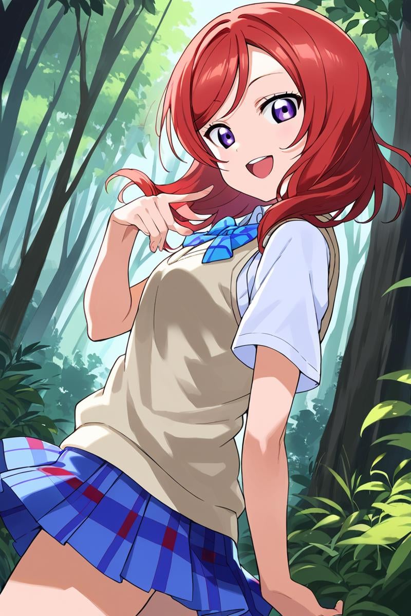 score_9, score_8_up, score_7_up, source_anime BREAK 1girl, solo, lovelive_maki, school uniform, sweater vest, short sleeves, blue plaid skirt, blue bowtie, red hair, swept bangs, medium hair, purple eyes, tsurime, looking at you, smile, open mouth, forest, from side <lora:lovelive_maki:1>