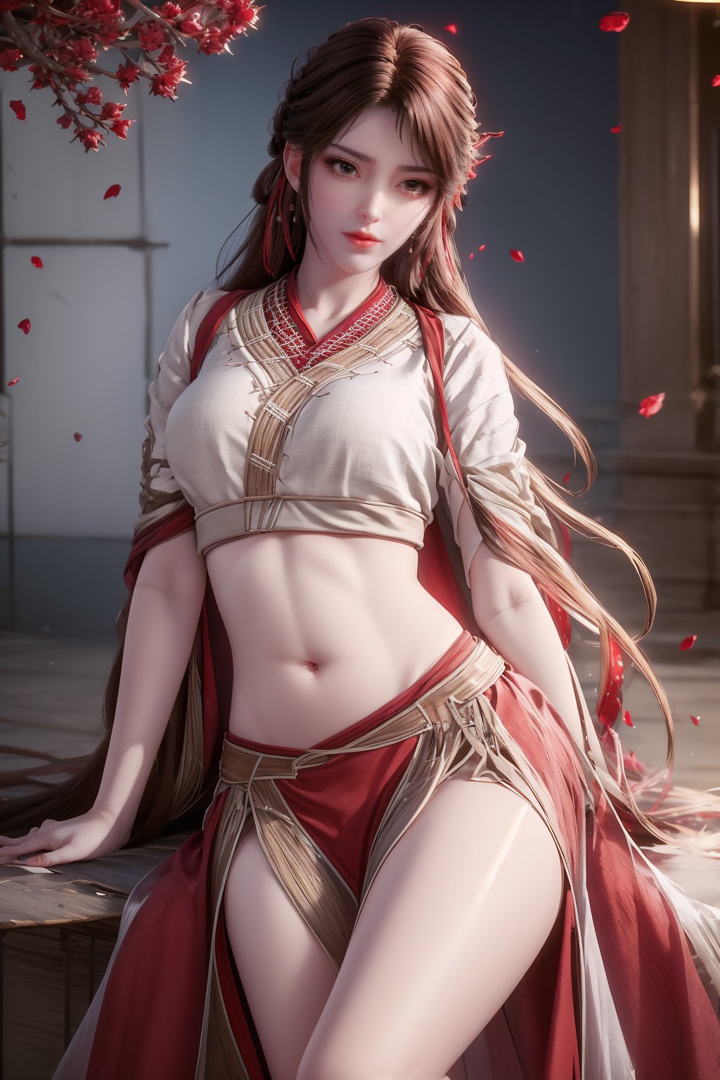 8k,RAW photo,best quality,masterpiece,hatching (texture),skin gloss,light persona,artbook,extremely detailed CG unity 8k wallpaper,official art,(high detailed skin),glossy skin,contrapposto,female focus,sexy,fine fabric emphasis,wall paper,leaning_on_object,leaning,1girl,solo,red_lips,makeup,very long hair,hair ornament,midriff,navel,fate/stay night,(red theme:1.4),depth of field,blue circle,snow,petals,branch,y-hd,s-hd,<lora:0405采桑女64:0.8>,ll-hd,<lora:1111白皙质感:0.5>,ty-hd,<lora:0110田野:0.6>,