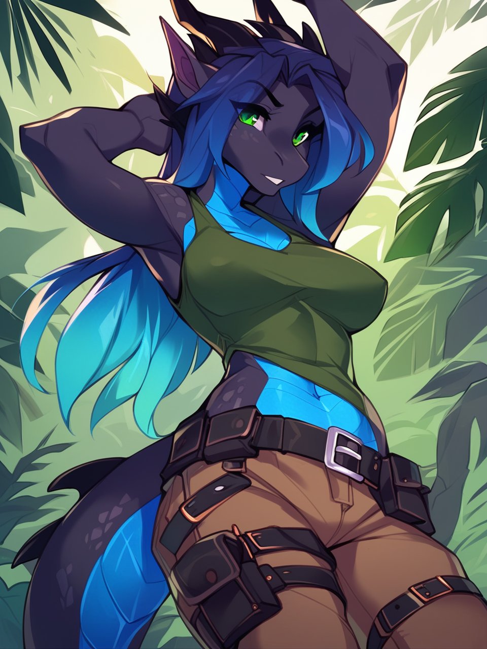 female, anthro, dragon, scalie, green eyes, blue hair, gradient hair, black body, blue belly scales, pinup, pose, claws, ridged horn, spikes, outside, jungle,green tank top, brown cargo pants, belt buckle, leather strap, thigh strap, tomb raider,best quality,<lora:seaart-quality-v1>