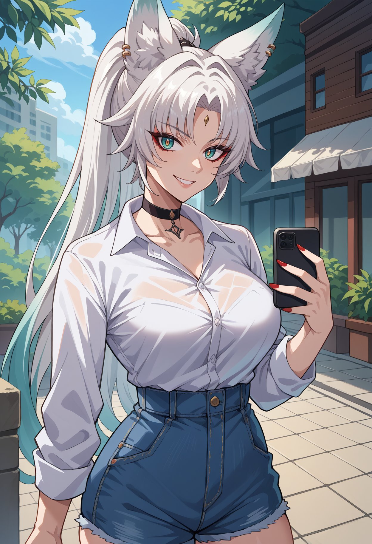 score_9, score_8_up, source_anime, 1girl, solo, FeiRND, animal ears, long hair, ponytail, multicolored hair, white hair, red eyeliner, ringed eyes, forehead mark, ear piercing, atheltic female, curvy, white shirt, dress shirt, black choker, holding cellphone, denim shorts, high-waist shorts, outdoors, smile, <lora:ChamFeixiaoV2.3PonyXL:1>