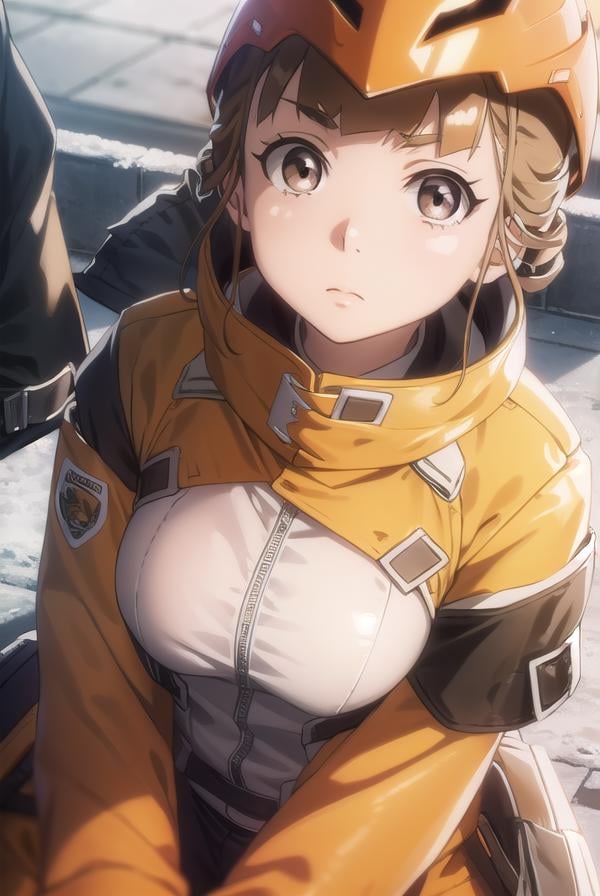 hinatamiyake, <lora:hinata miyake s1-lora-nochekaiser:1>,hinata miyake, short hair, brown hair, (brown eyes:1.5),BREAK jacket, helmet, orange jacket, orange helmet,BREAK outdoors, snow, ice, snowflake,BREAK looking at viewer,BREAK <lyco:GoodHands-beta2:1>, (masterpiece:1.2), best quality, high resolution, unity 8k wallpaper, (illustration:0.8), (beautiful detailed eyes:1.6), extremely detailed face, perfect lighting, extremely detailed CG, (perfect hands, perfect anatomy),