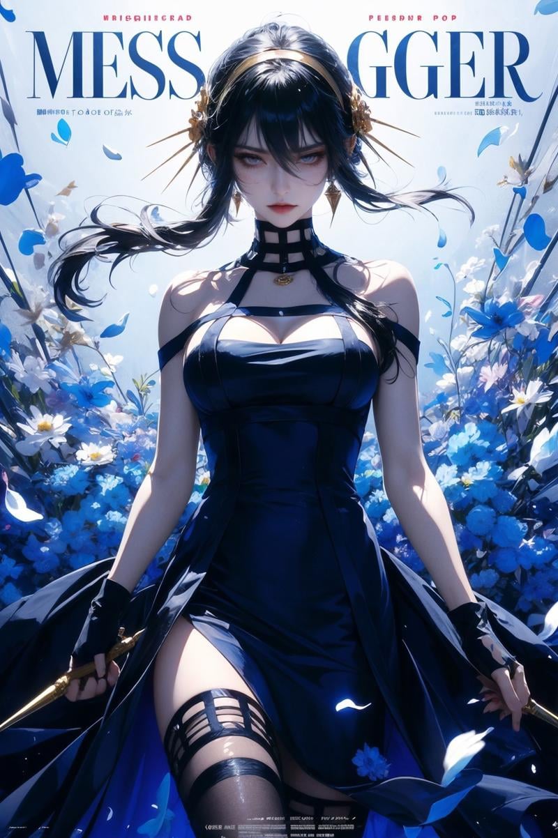 XUER Yor Forger,1girl,yor briar,solo,dress,breasts,flower,black dress,red eyes,black hair,holding,thighhighs,gloves,hair ornament,hairband,cleavage,petals,hair flower,black gloves,black thighhighs,holding weapon,fingerless gloves,blood,dual wielding,bare shoulders,sidelocks,gold hairband,looking at viewer,bangs,long hair,large breasts,rose,two-sided fabric,copyright name,two-sided dress,blue background,hair between eyes,sleeveless,sleeveless dress,medium breasts,short hair with long locks,blood on weapon,earrings,A shot with tension,(Visual impact,giving the poster a dynamic and visually striking appearance:1.2),impactful picture,(masterpiece, best quality:1.2),offcial art,movie perspective,advertising style,magazine cover,very aesthetic,disheveled hair,very aesthetic,illustration,disheveled hair,perfect composition,moist skin,intricate details,<lora:绪儿 约尔福杰 XUER Yor Forger:0.8>,
