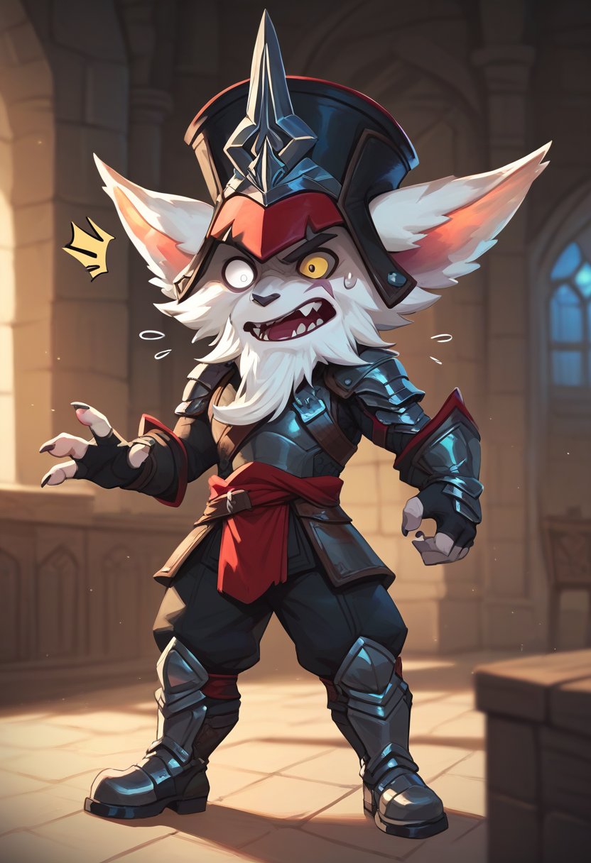 score_9, score_8_up, score_7_up, score_6_up, kl3d, 1boy, yordle, male focus, yellow eyes, white eye,scar across eye, one-eyed, facial hair, beard,  hat, black headwear, ears through headwear, armor, gloves, fingerless gloves, pants, boots , <lora:Kled_Default_v1:0.7>, castle, indoors, (surprised),sweatdrop , ?