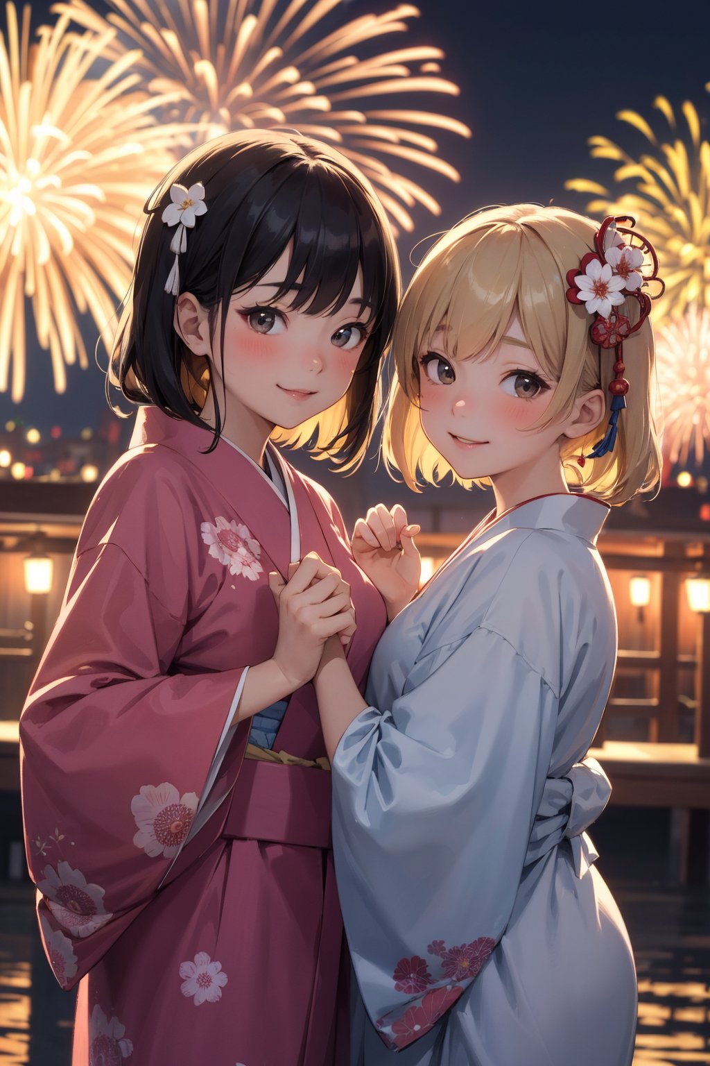 ((masterpiece)), ((best quality)), 8k, soft lighting, warm lighting, absurdres,Portrait of cute (2girls) wearing beautiful ornately detailed yukatas clothing side by side in a Japanese festival at night smiling with fireworks in the sky (looking at viewer, posing for picture)