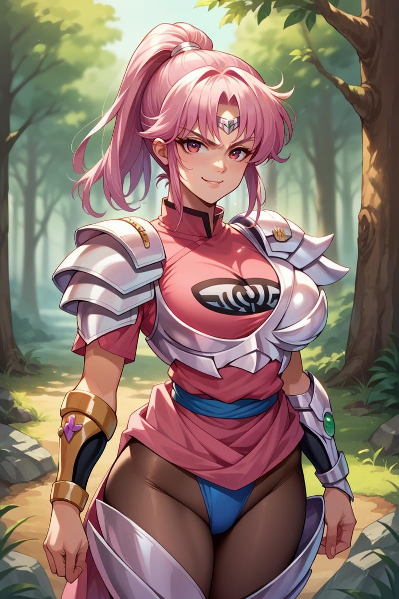 score_9, score_8_up, score_7_up, score_6_up, source_anime, BREAK 1girl, solo  <lora:dqmaam-pdxl-nvwls-v1-000005:1> armorMaam, pink hair, ponytail, armored dress, armor, armored legwear, single gauntlet, pantyhose, forest, looking at you, smirk, big breasts