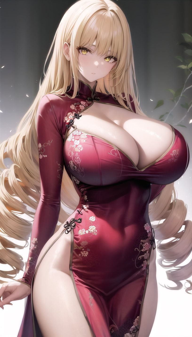 roseoriana-hairstyle,drill hair,yellow eyes,blonde hair, (china dress:1.28), lady,mature female,cowboy shot,(white background, simple background:1.08),highres,official art,original,masterpiece,best quality,(huge breasts),<lora:rose oriana2:0.8>