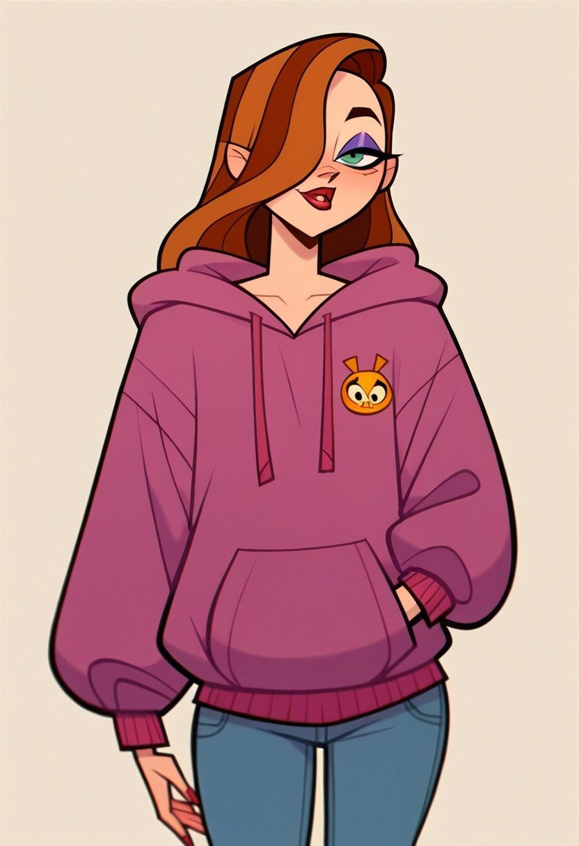 score_9, score_8_up, score_7_up, score_6_up, score_5_up, Total Drama Island Style, Flat Art Style, source_cartoon, solo, 1girl, Jessica Rabbit, hoodie, jeans