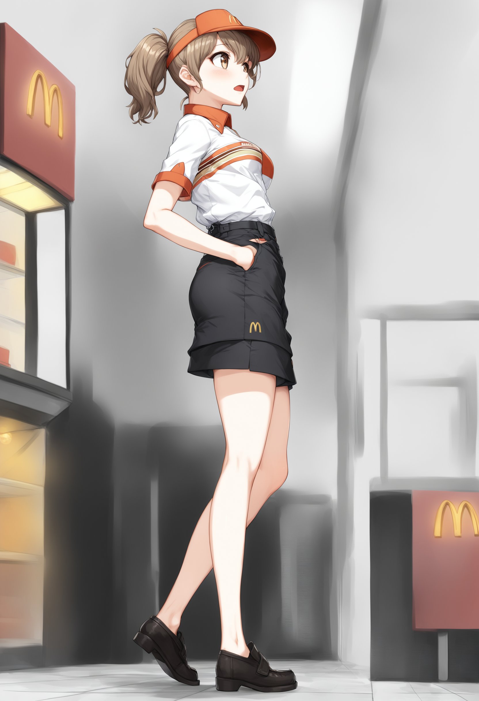 1girl, <lora:sdxl2-flat2-512b:-1>,medium breasts,solo,<lora:macXLv1:1.0>,mac,solo, employee uniform, fast food uniform, visor cap, short sleeves, clothes writing,from side, full body, looking ahead, bored, open mouth,best quality,medium quality,