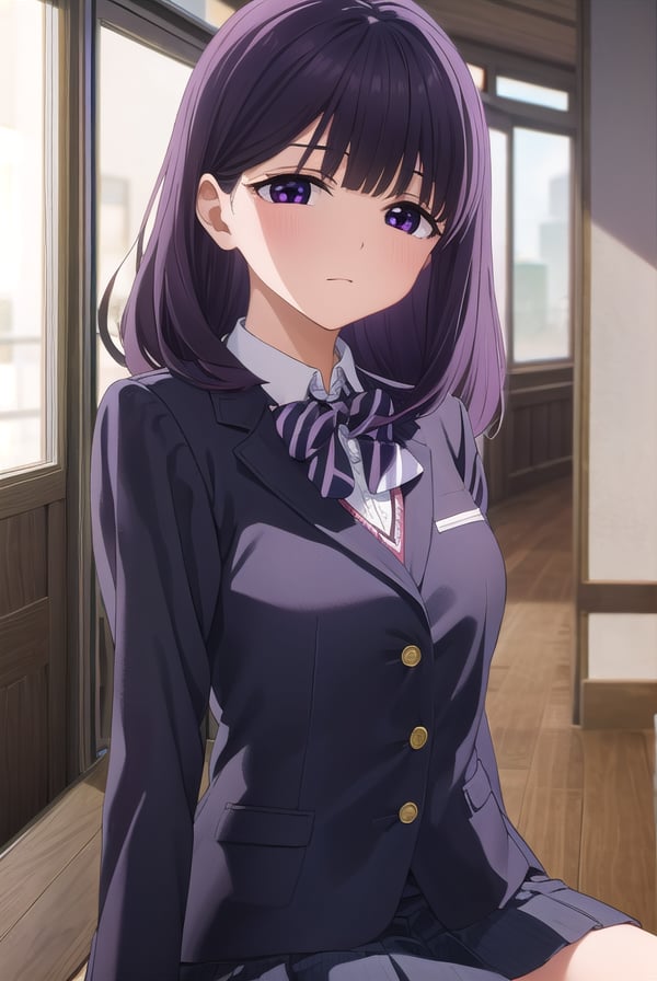 rionashijou, <lora:riona shijou s1-lora-nochekaiser:1>,riona shijou, bangs, purple hair, (purple eyes:1.1), medium hair,BREAK skirt, long sleeves, school uniform, jacket, socks, black skirt, two side up, black jacket, kneehighs, blazer, black socks, bow, bowtie, stripped, stripped bowtie,BREAK indoors, classroom,BREAK looking at viewer, (cowboy shot:1.5),BREAK <lyco:GoodHands-beta2:1>, (masterpiece:1.2), best quality, high resolution, unity 8k wallpaper, (illustration:0.8), (beautiful detailed eyes:1.6), extremely detailed face, perfect lighting, extremely detailed CG, (perfect hands, perfect anatomy),