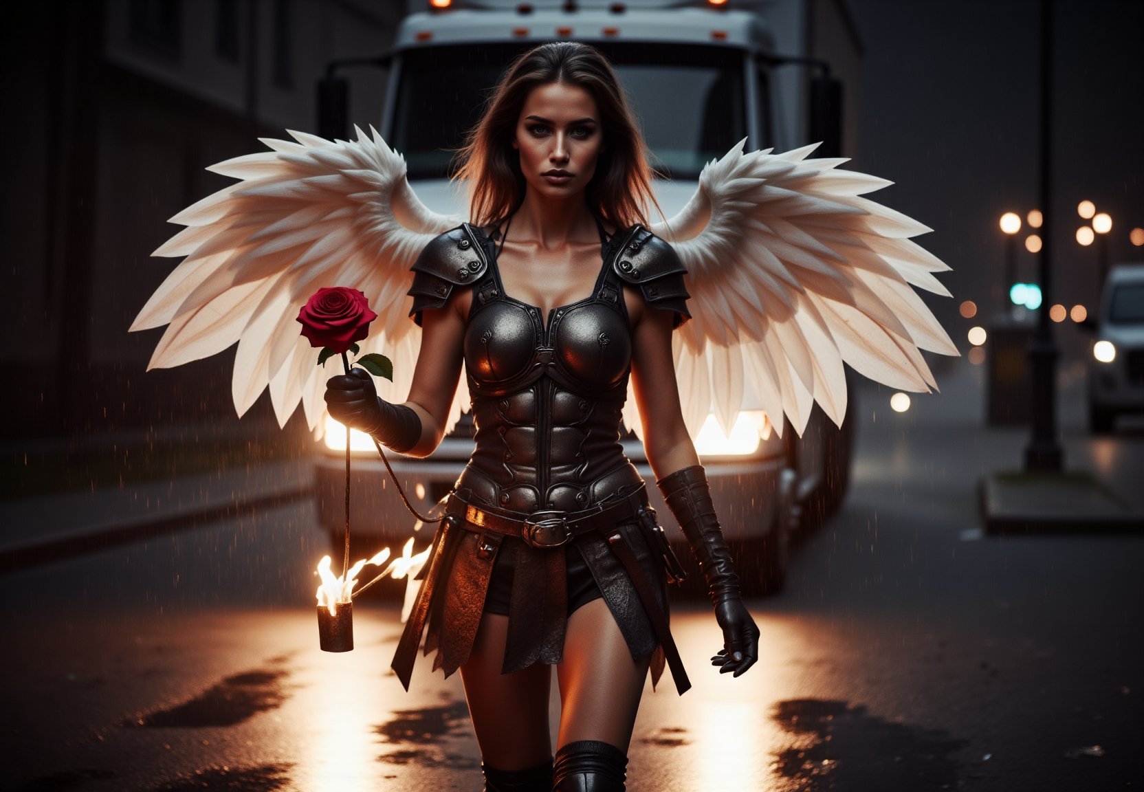 AngelDreamFlux, The image features a woman with angel wings, dressed in a warrior costume, walking down a rain-soaked street at night. She is carrying a burning rose, which is prominently displayed in her hand. In the background, there is a large truck, possibly a semi, partially visible on the road. The combination of the angel wings, warrior attire, and the truck in the background creates a unique and intriguing scene.