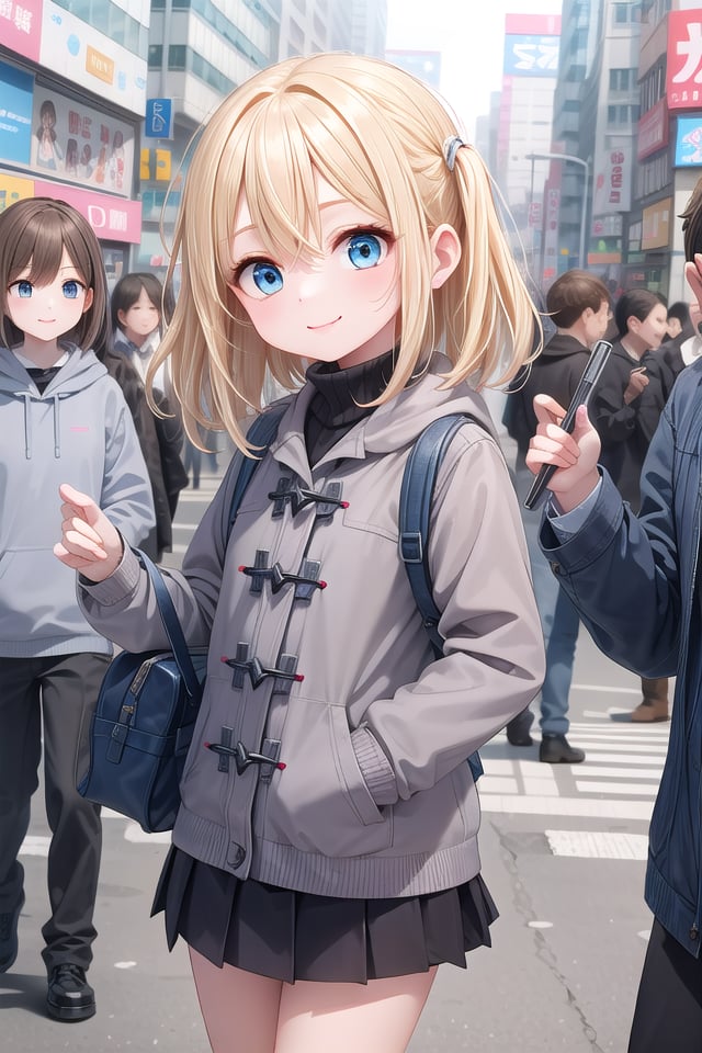 insanely detailed, absurdres, ultra-highres, ultra-detailed, best quality,1girl, solo, nice hands, perfect handsBREAKduffle coat, (turtle neck sweater:1.2), Pleated skirtBREAKhappy smile, laugh, closed mouth, standing,(hands on own chest, arms up:-1.5), standing, cowboy shotBREAKslender, kawaii, perfect symmetrical face, ultra cute girl, ultra cute face, ultra detailed eyes, ultra detailed hair, ultra cute, ultra beautifulBREAKshibuya, akihabara, tokyo, street, crowd, cityscapeBREAK(blonde medium hair, blue eyes), hair between eyes