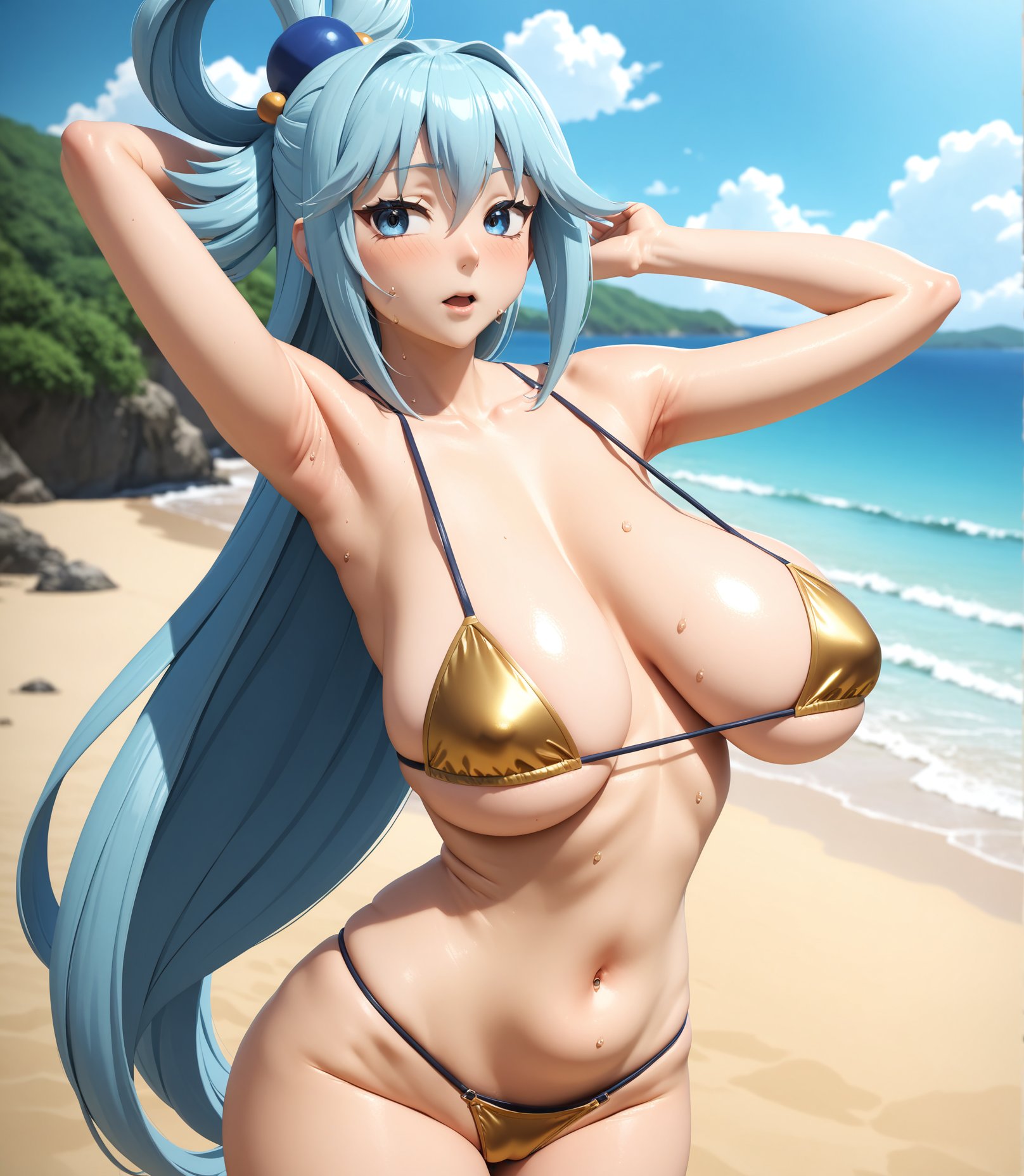 masterpiece, best quality, very aesthetic, ultra detailed, intricate details, 4k, anime style,goldbikiniai, 1girl, solo, blue eyes, blue hair, hair ornament, hair rings, single hair ring, long hair, very long hair, breasts, blush, medium breasts, aqua (konosuba), kono subarashii sekai ni shukufuku wo!, navel, cleavage, bare shoulders, collarbone, swimsuit, bikini, sweat, stomach, micro bikini, yellow bikini, gold bikini,  cowboy shot, looking at viewer, hands up, arms up, armpits, arms behind head, outdoors, ocean, water, waves, beach, <lora:Goldb_Bikini_XL:1>, <lora:Aqua_XL:1>