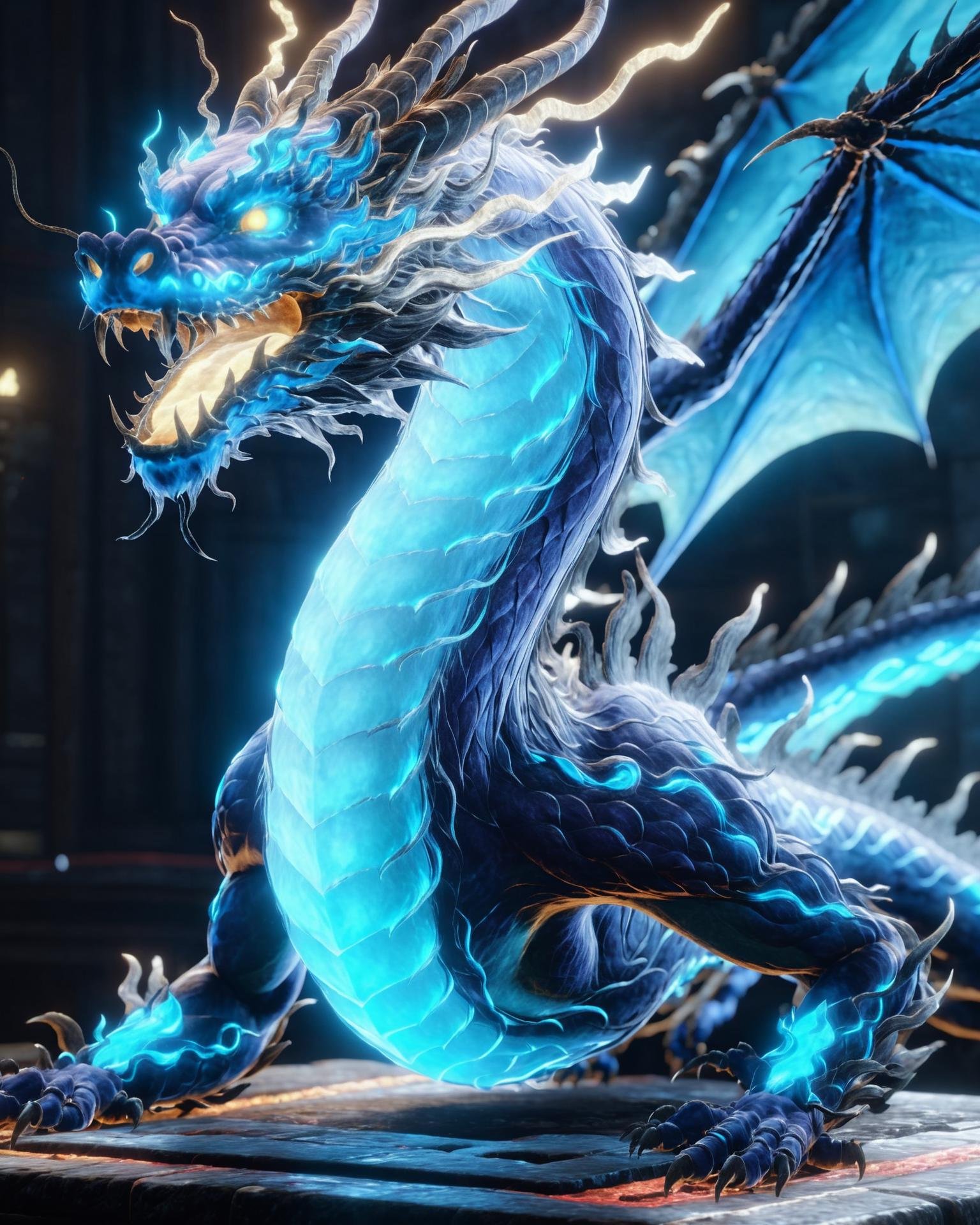 niohxlguardiansprt,azurite chinese dragon,looking seriously at the viewer,no jokes,epic,cinematic,128k uhd, <lora:niohxlguardiansprt:1>,raw photo,masterpiece,awardwinning,trending on artstation,official art,wallpaper art,maybe album cover?,whatever make this image aesthetic and good looking...........