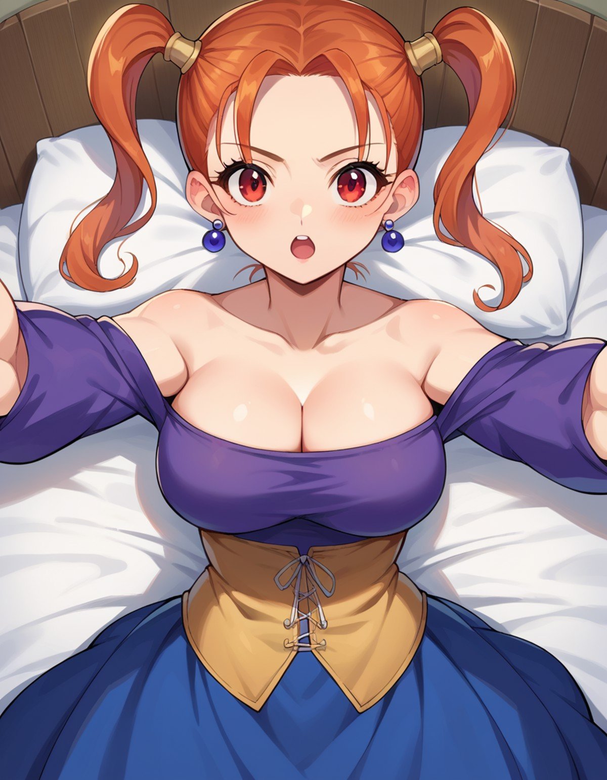 score_9, score_8_up, score_7_up, source_anime,jessicaalbert, <lora:jessica-albert-ponyxl-lora-nochekaiser:1>,jessica albert, orange hair, red eyes, twintails,bare shoulders, cleavage, dress, earrings, jewelry, off shoulder, off-shoulder dress, purple shirt, shirt, strapless, strapless dress, corset,indoors, bed, bed room, on back, arm support, arms up, incoming hug, pov, reaching, reaching towards viewer,looking at viewer, dutch angle, cowboy shot,