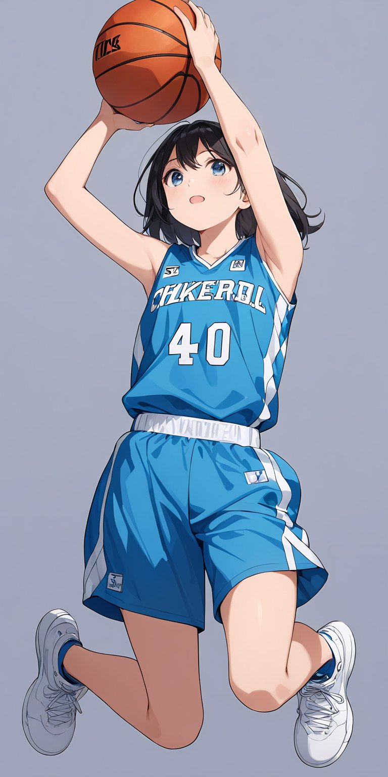 masterpiece,ultra-detailed,best quality,8K,illustration,cute face,clean skin ,shiny hair,girl,ultra-detailed-eyes,simple background, <lora:add-detail-xl:1> <lora:basketball uniform_XL_V1.0:0.7> basketball uniform,holding ball,jumping,shoot,hands up,look up,snakers