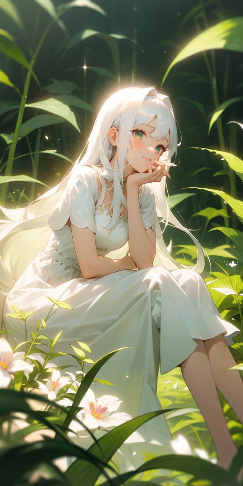 (masterpiece, best quality),1girl with long white hair sitting in a field of green plants and flowers, her hand under her chin, warm lighting, white dress, blurry foreground