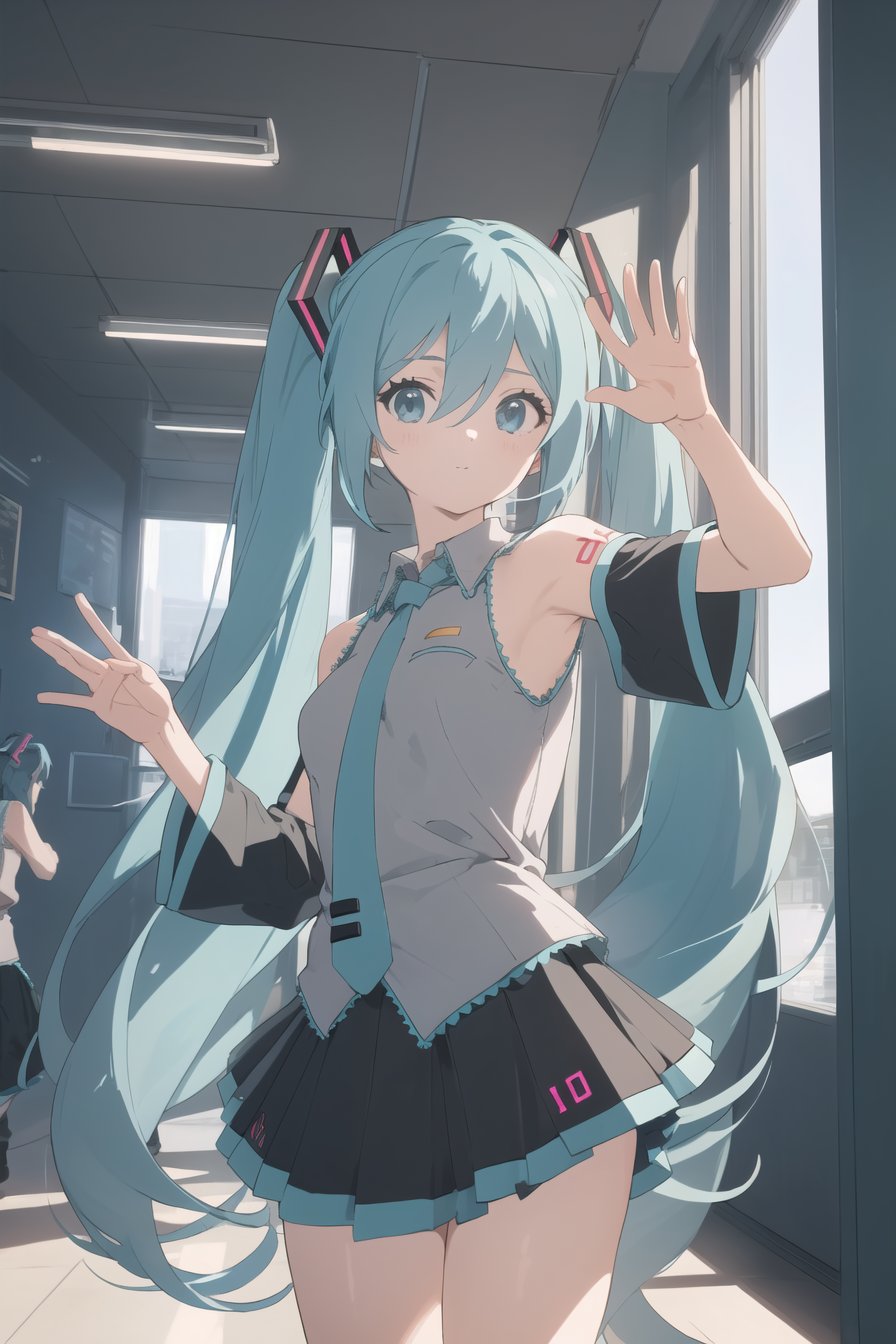 (masterpiece),best quality,cowboy_shot,medium_shot,thighs,looking at viewer,Look directly,(Hatsune Miku),dancing pose,waving,(retro artstyle),