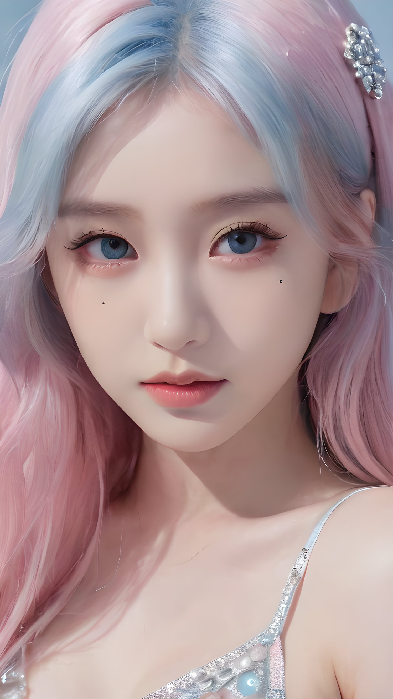 yanshangyue, 1girl, solo, xiaowu, BIG EYES, xxmix girl woman, <(masterpiece, realistic:1.3), (extremely intricate:1.2)>, portrait of a girl, sliver gradient hair, (sliver hair:1.1), (light blue hair:1.1), (pink hair:1.2), ((solid color background:1.3)), beautiful detailed glow, (detailed ice), beautiful detailed water,  <lora:molixl3:0.6>