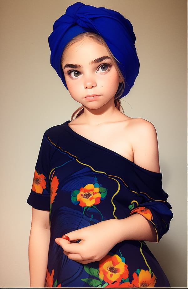 photorealistic, upper body, stand, 1girl 17 year-old, thick eyebrows (Turbant:1.2), super detailed skin texture, looking at viewer, black hair, off shoulder floral dress bright and very colorful, silver blue,  photo studio, dark simple blurred background, perfectly illumination,<lora:detail_slider_v4:1> <lora:epiCFlashPhoto_Lora:1> <lora:InstantPhotoX3:0.3> <lora:Turbant:1> <lora:NightphotoV1-0:0.3>