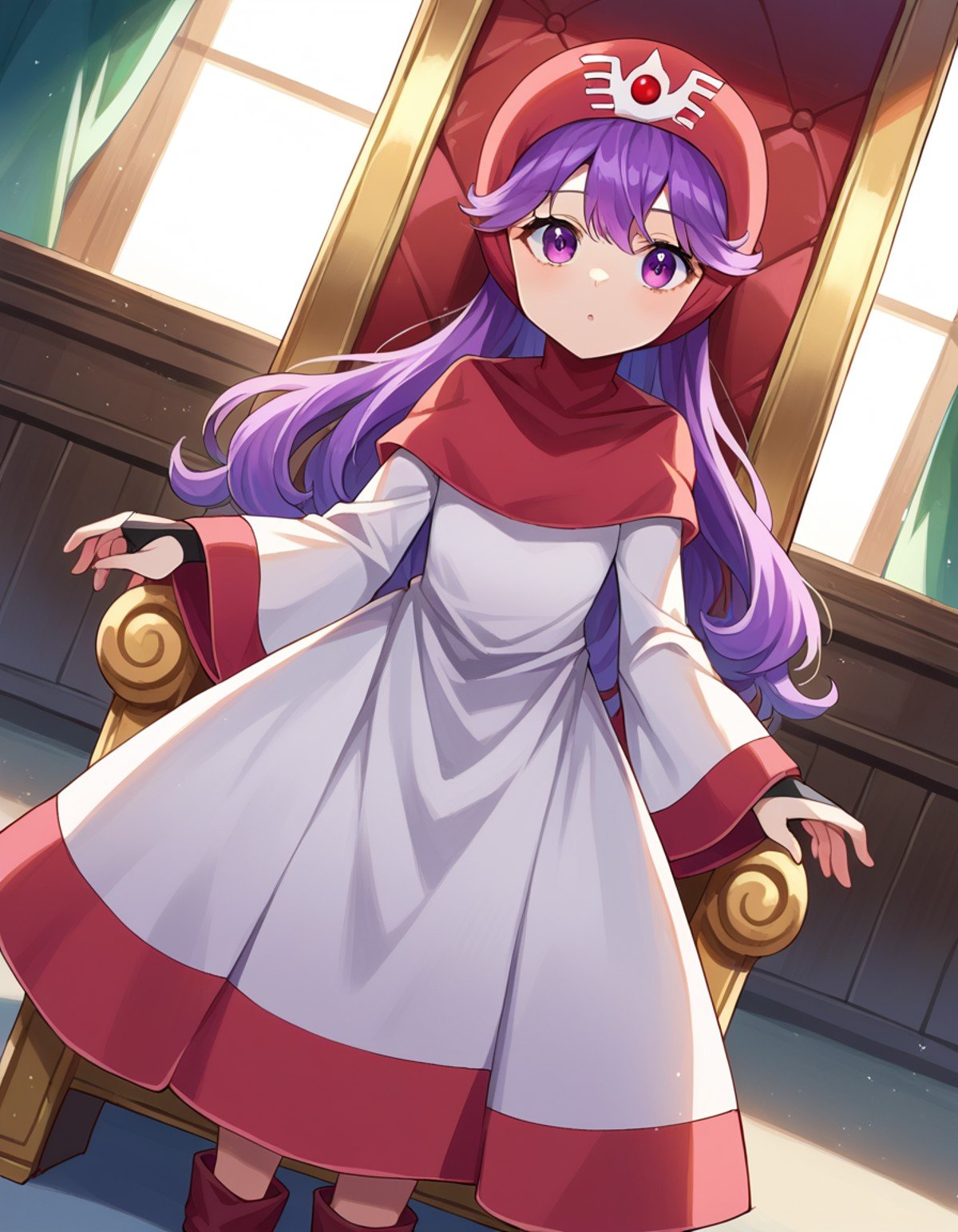 score_9, score_8_up, score_7_up, source_anime,princessofmoonbrook, <lora:princess-of-moon-brook-ponyxl-lora-nochekaiser:1>,princess of moonbrook, purple eyes, purple hair, long hair,boots, bridal gauntlets, dress, hood, hood up, long sleeves, red footwear, white dress, wide sleeves,indoors, throne room,looking at viewer, dutch angle, cowboy shot,