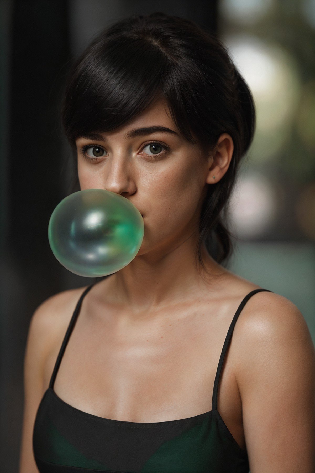 RAW Photo, DSLR BREAK(kkw-ph1:0.9) BREAKhalf body portrait of a young 20yo woman, black hair, wearing a summer dress BREAKdetailed, blowing bubble gum, green bubble gum <lora:Bubble Gum:0.65>, professional colorgraded <lora:epiCRealismHelper:1>