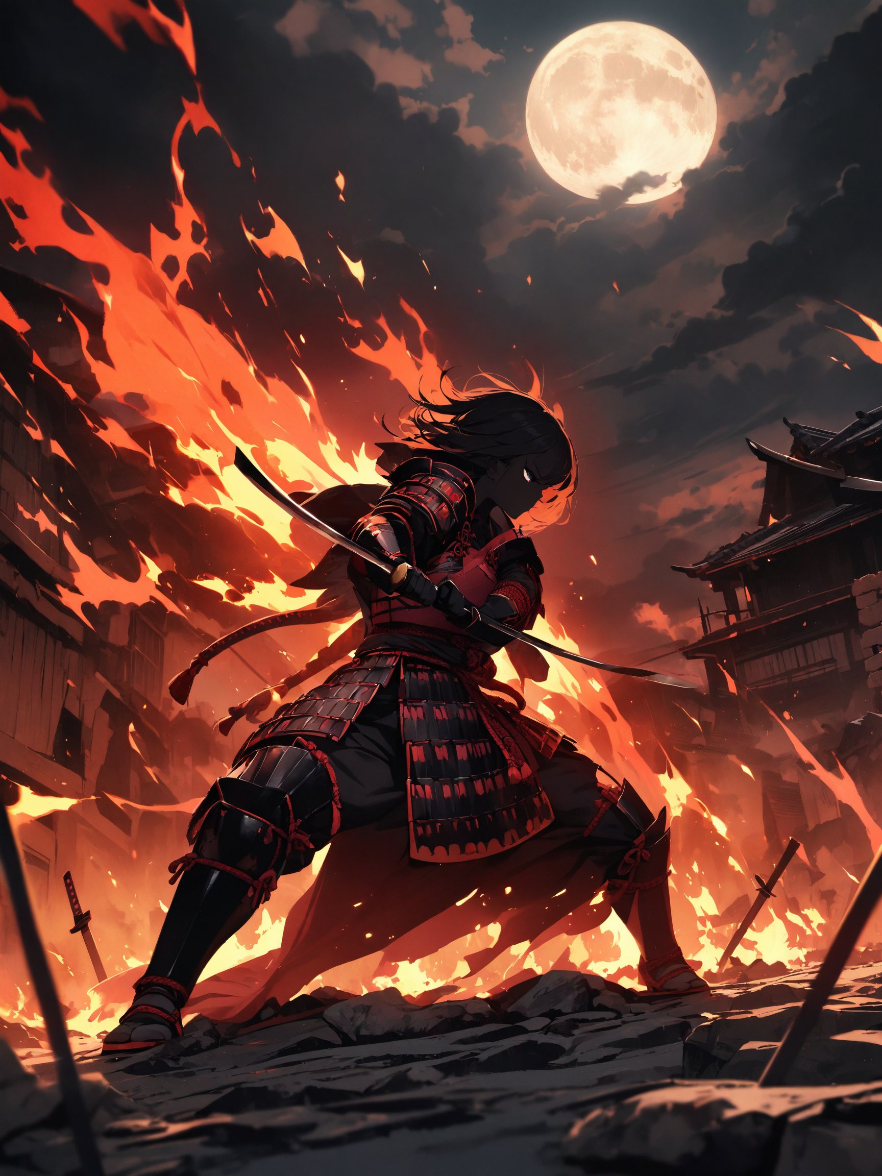 best quality, masterpieces,1girl, clean face, stare eyes, no mask, samurai armor,Action-packed digital illustration of a female samurai executing an iaijutsu move, crouched low on a rocky terrain, dramatic sky, impending storm, detailed, textured kimono and armor, dynamic composition, sharp focus, vibrant color scheme, epic feel,midnight, dark sky, moon, background on fire, dark theme, standing in front of devastated houses, ruins background, heavy shadow, soft focus, soft lighting, subsurface scattering, <lora:hina_samurai_armor_sdxl_rank32:0.6>