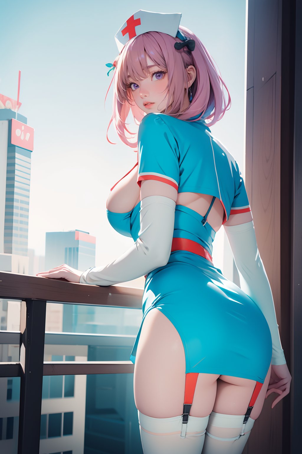 <lora:GoodHands-手beta2:1>,solo,1girl,outdoors,cityscape,standing,cowboy shot,<lora:0401 Cling To Latex_v1:1>,ruanyi0401,nurse cap,short dress,blue dress,garter straps,white thighhighs,cleavage cutout,capelet,from behind,ass,, best quality,masterpiece,highres,official art,extremely detailed cg unity 8k wallpaper