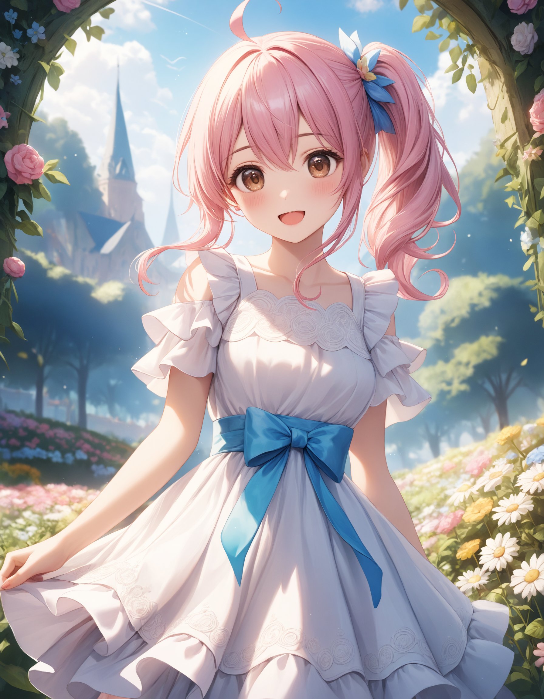 Portrait. Shooting from front. A cute girl. Round face. Detailed brown eyes. Tareme. Wavy hair, (side ponytail:1.05), pale pink hair, ahoge and hair between eyes. Detailed slender body. Medium breasts. White chiffon a-line dress, flutter short sleeves, layered ruffled skirt and ribbon waist. :D. (Contrapposto:1.1). Head tilt. Looking at viewer. Fashionable flower garden. (Blue sky view:1.1). Daytime. (Natural lighting:1.4). Aesthetic style. Cinematic style. Quality: Intricate details. Extremely detailed. Outstanding intricacies. (Masterpiece:1.2). (Best quality:1.2). (Absurdres absolutely resolution:1.4). Mood: Pastel atmosphere.