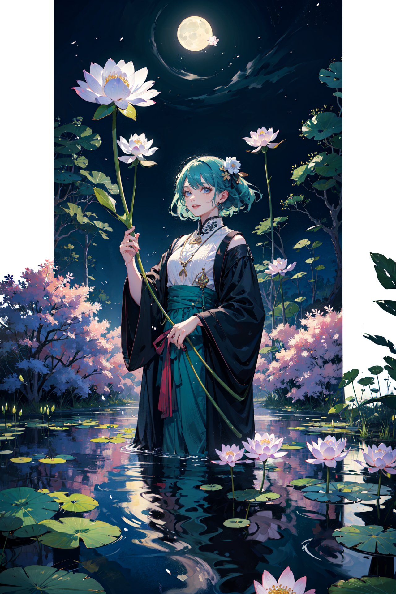 ((best quality, masterpiece, absurbres, super-resolution)) The moonlight over the lotus pond, Green and Blue, Lotus flowers on full bloom, Traditional 