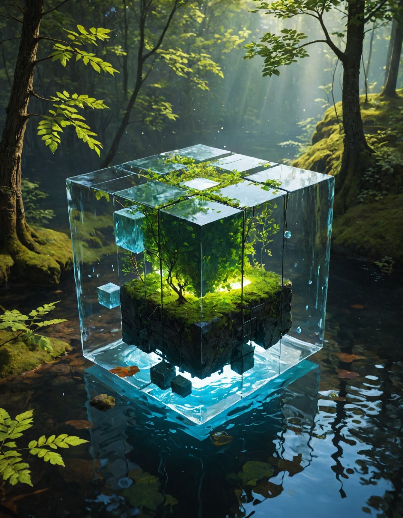 extremely detailed render, rough cube, floating, glowing elements, perfect environment, nature, oil paint by Greg Rutkowski