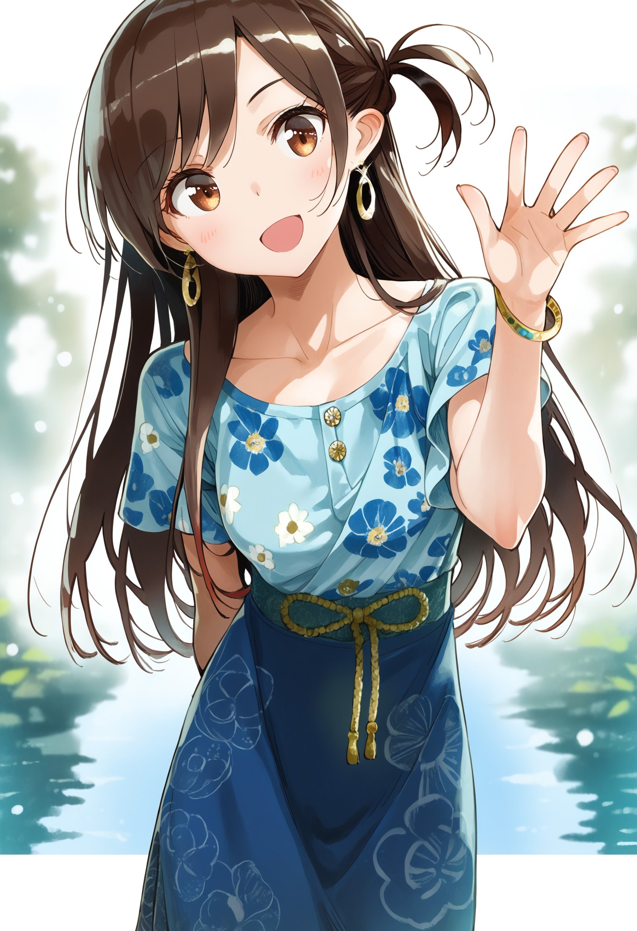 score_9, score_8_up, score_7_up, score_6_up,by miyajima reiji, mizuhara chizuru, 1girl, solo, long hair, brown hair, open mouth, jewelry, smile, skirt, head tilt, looking at viewer, earrings, collarbone, :d, bracelet, blue skirt, arm behind back, waving, one side up, blush, shirt, floral print, brown eyes, standing, short sleeves, leaning forward, masterpiece, best quality<lora:kanojookarisimasu_v10:1>