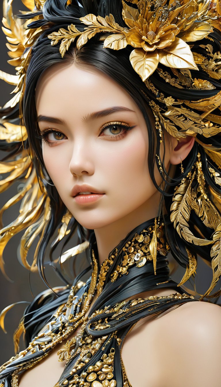 (masterpiece, top quality, best quality, official art, beautiful and aesthetic:1.2),(1girl,upper body:1.3),extreme detailed,(abstract art:1.2),colorful,highest detailed,black and gold