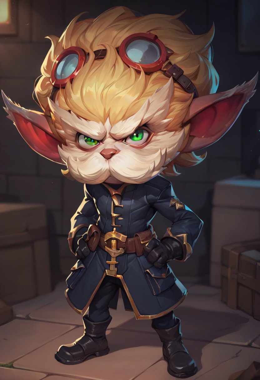 score_9, score_8_up, score_7_up, score_6_up, h3im3rding3r, 1boy, male focus, yordle, blonde hair, pointy ears, mustache, belt, pants, black gloves, gloves, black footwear, <lora:Heimerdinger_Default_v1:0.7>, solo, looking at viewer, goggles, mad, angry