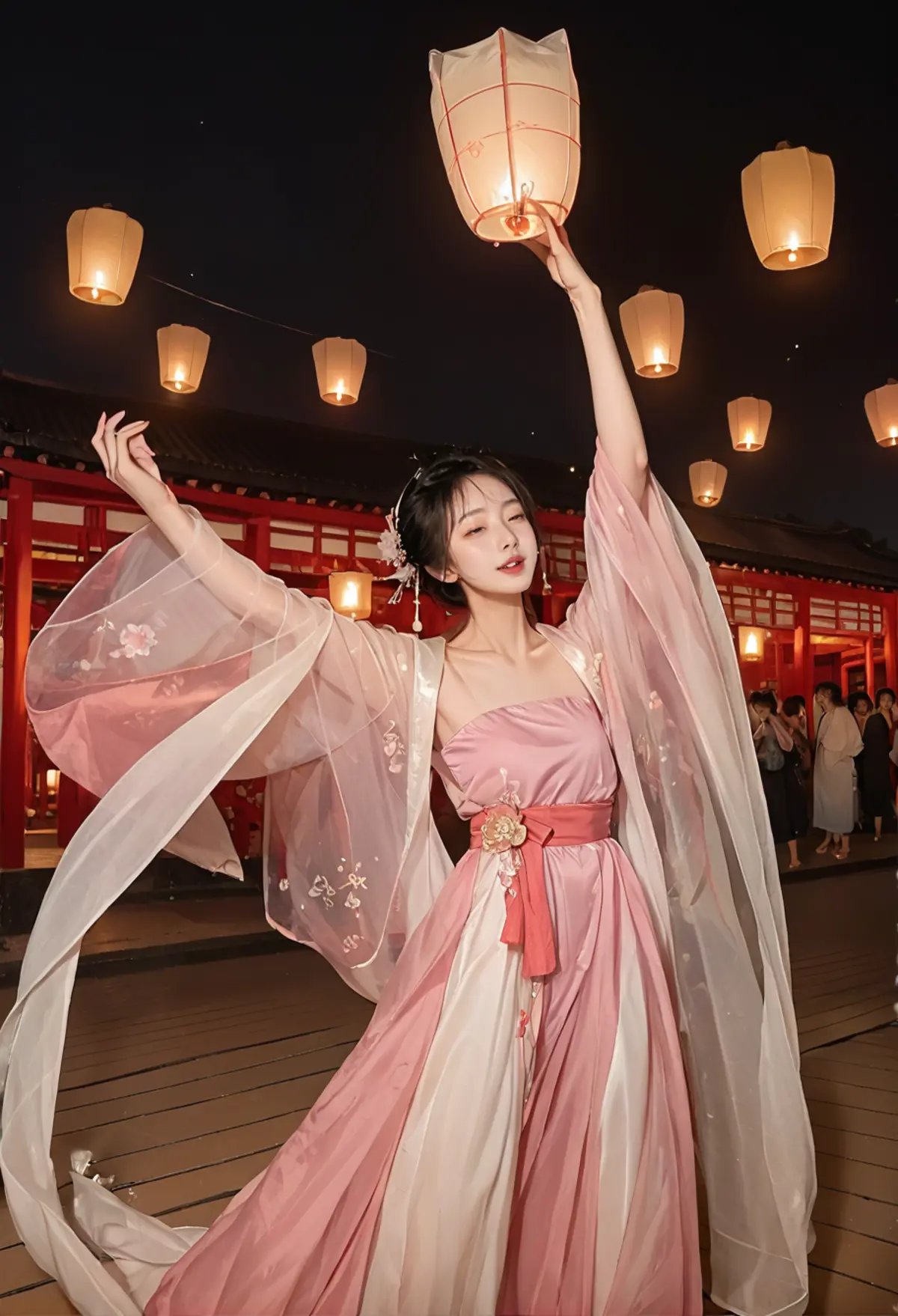 ,ruanyi0799,lantern,glowing,night sky,no humans,,ruanyi0758,hanfu,pink dress,see-through,shawl,wide sleeves,jewelry,dancing,<lora:0799 Kongming lantern_v1_pony:1>,<lora:0758 Peach Blossom Hanfu_v1_pony:0.7>, score_9,score_8_up,score_7_up,,8k,1girl,solo,,