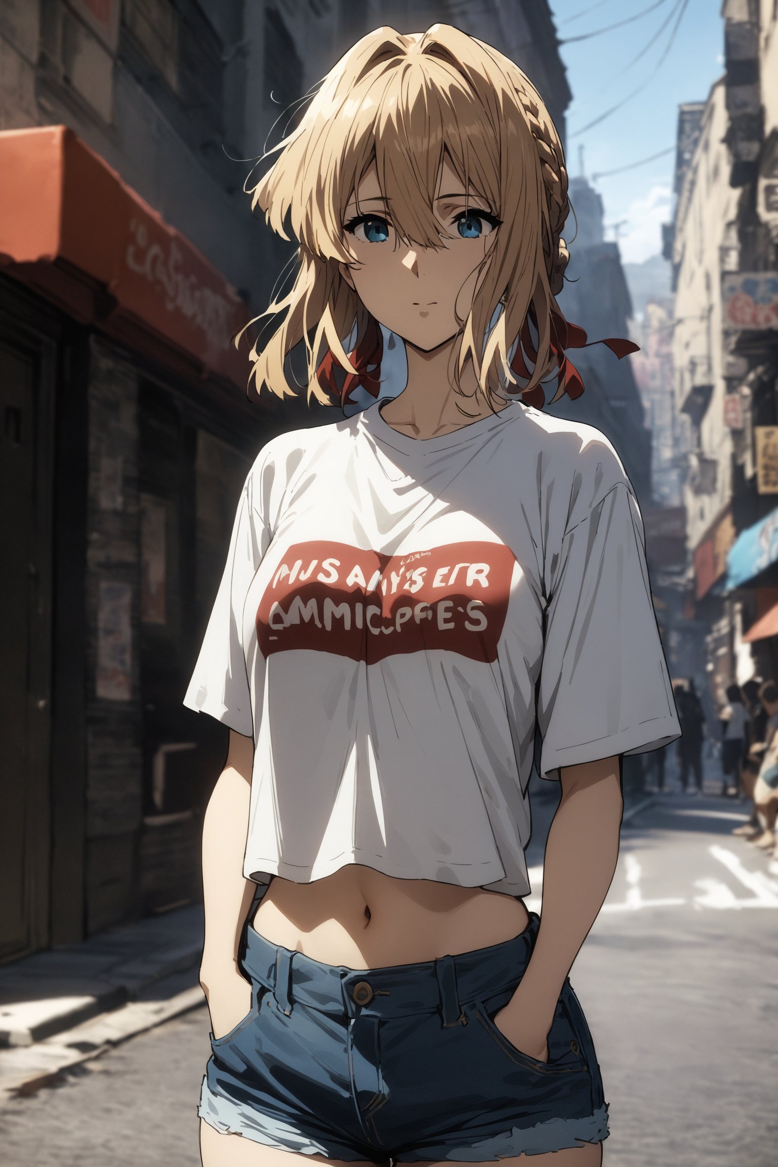 masterpiece, best quality, very aesthetic, absurdres, aave, braid, hair ribbon, red ribbon, <lora:violet_evergarden_XL_v1(anima):0.9>, t-shirt, white shirt, clothes writing, midriff, denim shorts, street, hands in pockets,