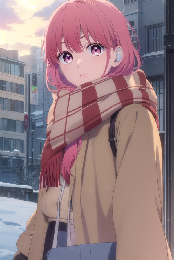 yukiitose, <lora:yuki itose-alpha-lora-nochekaiser:1>,yuki itose, long hair, pink hair, red hair, (pink eyes:1.3),BREAK long sleeves, scarf, coat, brown coat,BREAK outdoors, city, snow, snowflake, sun, clouds,BREAK looking at viewer, (cowboy shot:1.5),BREAK <lyco:GoodHands-beta2:1>, (masterpiece:1.2), best quality, high resolution, unity 8k wallpaper, (illustration:0.8), (beautiful detailed eyes:1.6), extremely detailed face, perfect lighting, extremely detailed CG, (perfect hands, perfect anatomy),