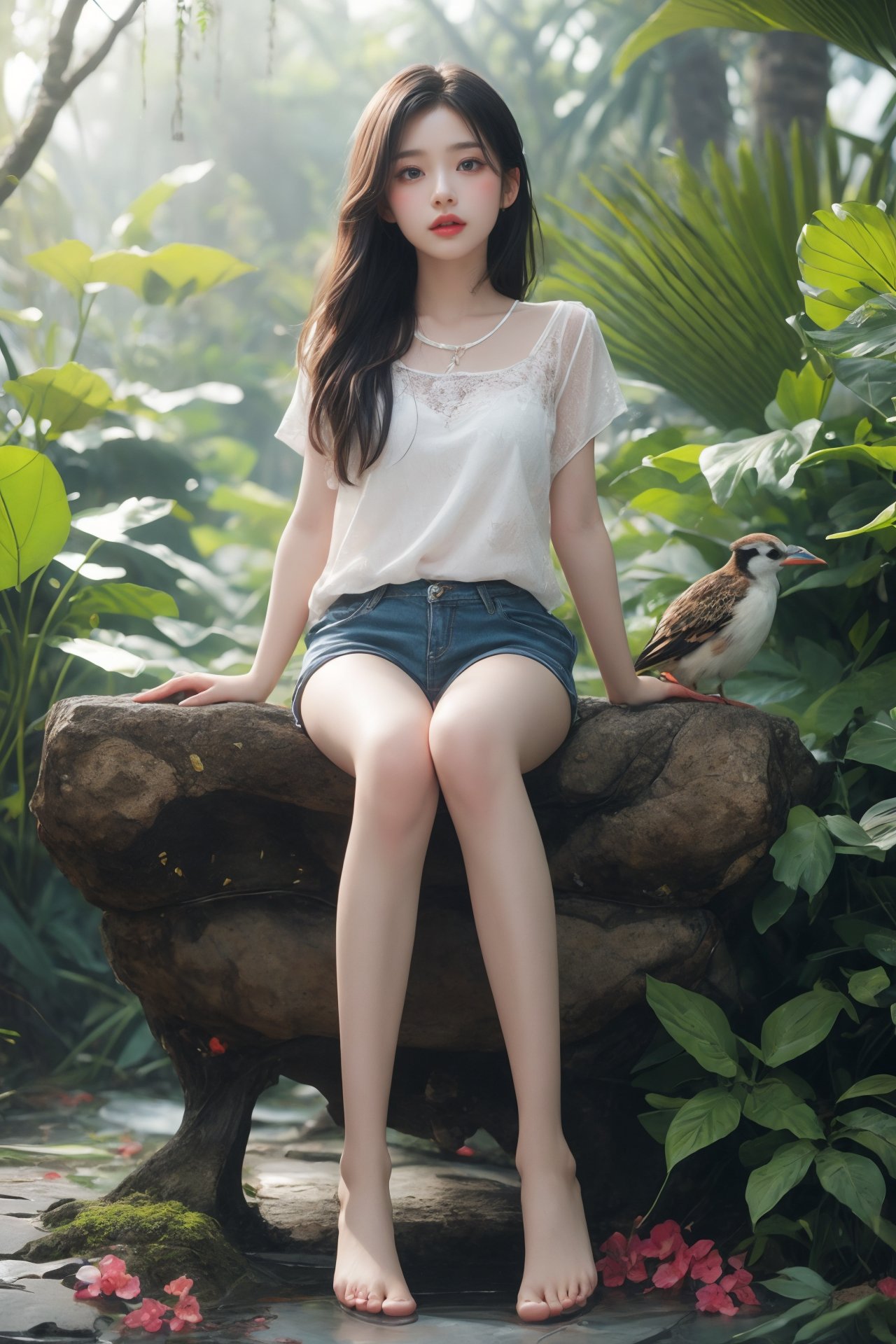 (masterpiece,best quality),1 Girl,(full body:1.2),(in blue lush jungle with flowers and birds:1.2),3d render,cgi,symetrical,35mm,(intricate details:1.12),HDR,(intricate details,hyperdetailed:1.15),natural skin texture,hyperrealism,soft light,(sharp:1.3),(buy: 0.7),((outdoor)),(Wet body:0.8),(blur background:1.2),bokeh,(realistic lighting:1.3),(film noise:0.8),(film grain:0.8),((background defocused)):1.2,(child:0.7),(loli:1.2),(10yo:1.2),(slouth, 0.7), im,(thin:1.1),yellow short pants,(long leg:1.3),(from below:0.9),bare foot,thong,fisheye lens,super wide angle view,