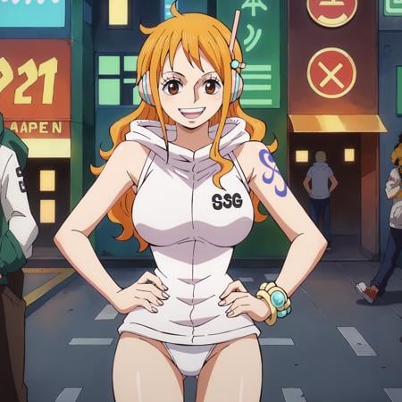 score_9, score_8_up, score_7_up, score_6_up, score_5_up, score_4_up, BREAK source_anime,city,outdoor,smile,standing,put hands on hips, <lora:Nami_egghead_V1:1>nami_egghead, orange hair, long hair, wavy hair, side locks, brown eyes, large breasts, shoulder tattoo,high-cut panties, white panties, white jacket, sleeveless, hoodie jacket, pink headset, bangle, thighs