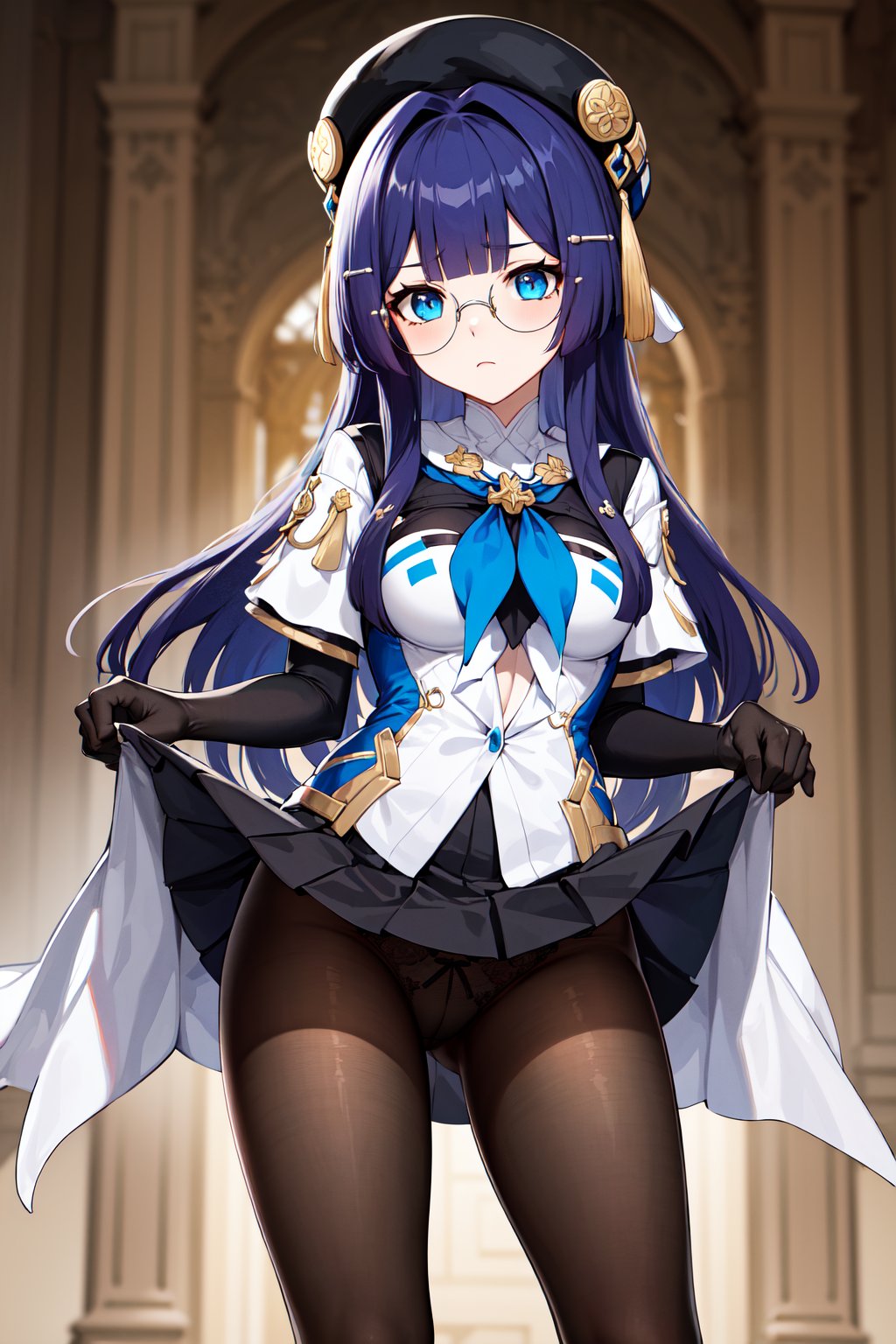 masterpiece, best quality, highres, aapela, long hair, hat, black headwear, hair ornament, glasses, blue neckerchief, dress, elbow gloves, black gloves, pleated skirt, black skirt, black pantyhose, <lora:pela_v1:0.7>, frown, (skirt lift:1.2), panties under pantyhose, 