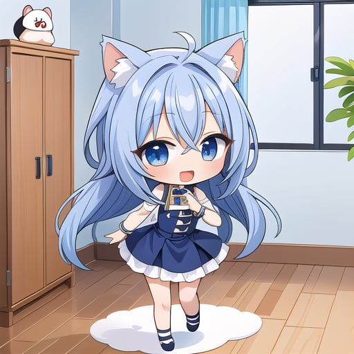 1girl, (chibi:1.4), smile, open mouth, dynamic angle, standing, animal ear, blue hair, indoors