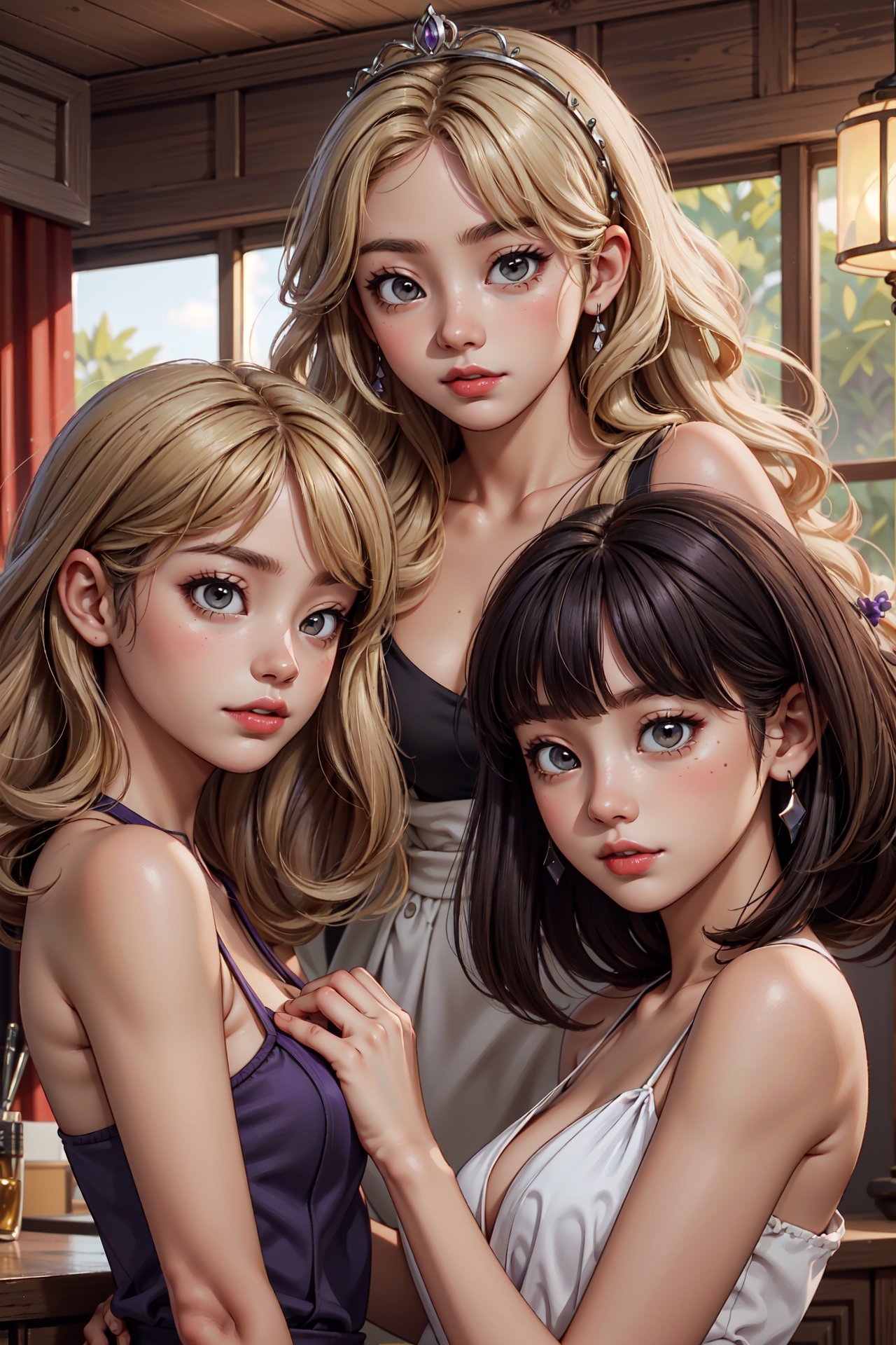 4girls, masterpiece, high quality, 8k, high resolution, perfect art, 4 Secretaries Chatting, the first one Tan Skin, Blonde with shoulder-length hair, soft pink sheer lipstick, the second one Tan Skin, Blonde with a braided crown and loose waves, violet stain lipstick, the third one Tan Skin, Brunette with side-swept bangs and a layered bob cut, lavender satin lipstick, and the 4th one Olive Skin, Blonde with shoulder-length hair and beachy waves, violet satin lipstick