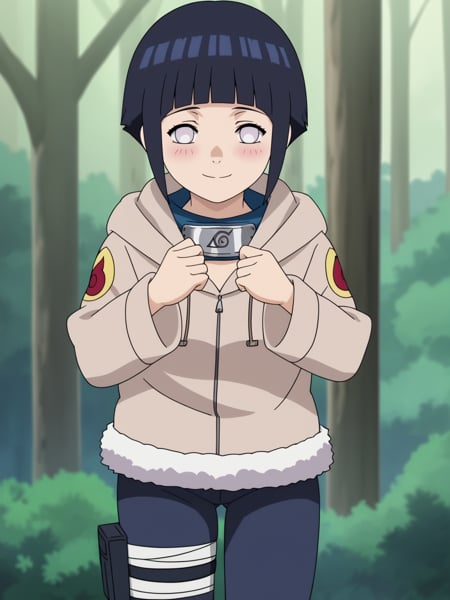 score_9, score_8_up,source_anime, 1girl, hyuuga hinata, short hair, black hair, no pupils, blunt bangs, shiny hair, white eyes, hoodie, hood down, long sleeves, fur trim, capri pants, bandages, thigh holster,solo, looking at viewer, blush, standing, smile, closed mouth, cowboy shot, outdoors, forest, anime screencap, anime coloring  <lora:HinataGeninXL:1>