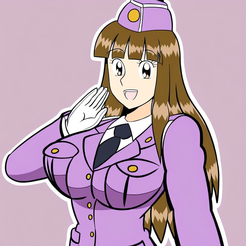 1girl, solo, brown hair, breasts, hat, long hair, uniform, smile, necktie, large breasts, open mouth, brown eyes, looking at viewer, simple background, garrison cap