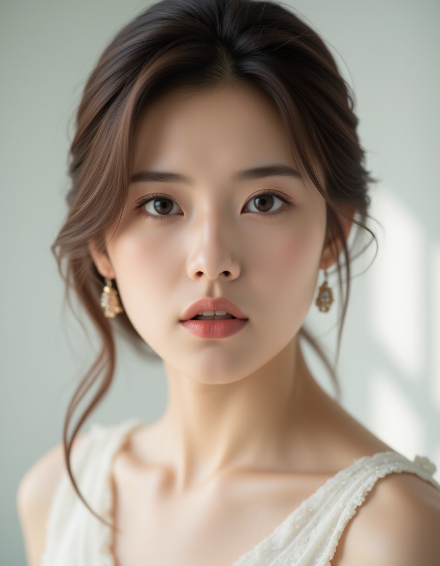 best quality, masterpiece, raw photo of a female in white dress, close up face, brown hair, fashion accessories, looking at viewer, indoor, day time, professional photo, high contrast exposure, soft bokeh, high key light, hard shadow, soft bokeh, simple background, white background, lips sneeze to viewer,