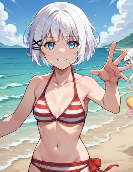 score_9, score_8_up, score_7_up, source_anime,siesta, <lora:siesta-ponyxl-lora-nochekaiser:1>,siesta, short hair, bangs, blue eyes, hair ornament, white hair, hairclip, smile,bikini, striped bikini, red bikini, navel, collarbone,outdoors, beach,looking at viewer, cowboy shot, dynamic pose,