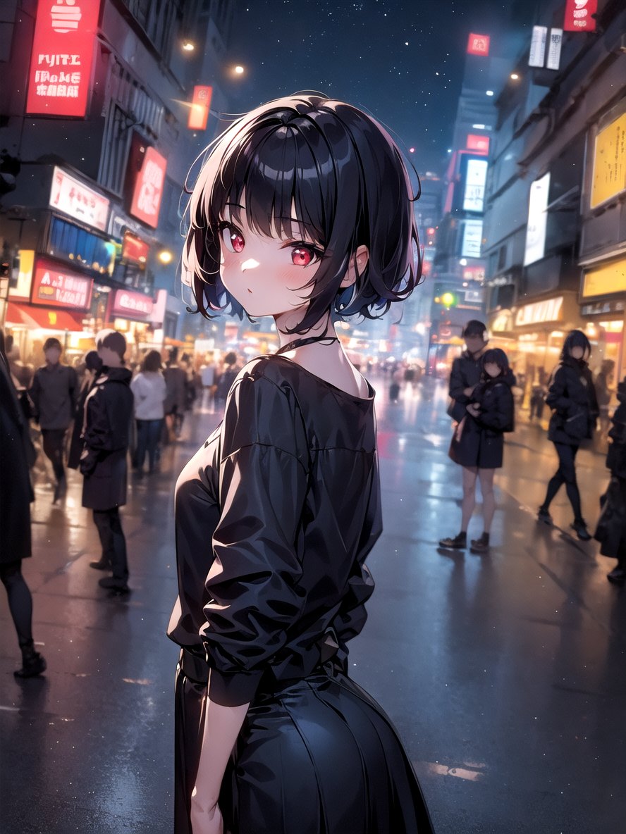 masterpiece, best quality, 1girl, short hair, bangs, red eyes, skirt, looking at viewer, night, street, neon, looking back, star \(sky\), crowd, upper body,