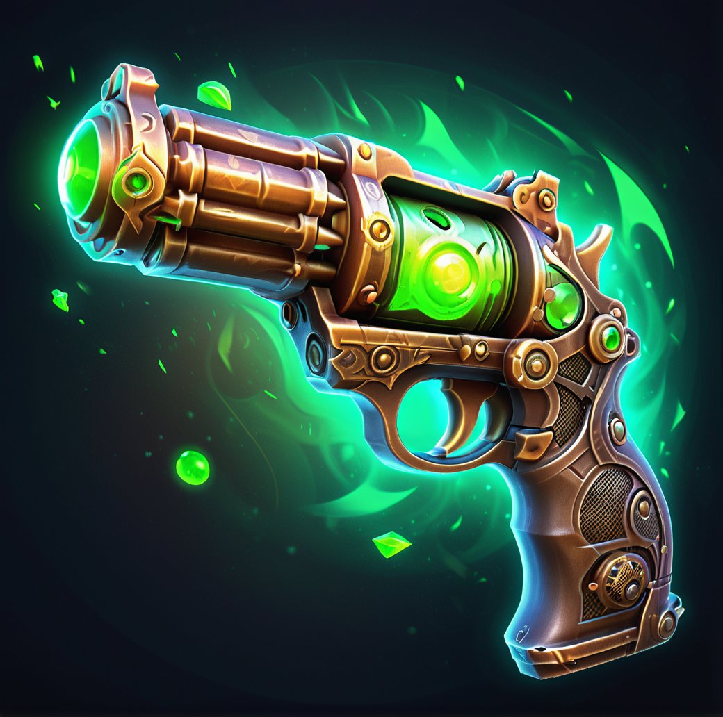 digital game illustration, fantasy weapon, stylized revolver, glowing green orb, intricate design, 3d illustration, metallic texture, ornate detailing, steampunk elements, firearm art, magical gun, dark background, high-resolution image, bronze tones, shading effects, energy weapon concept, digital art, weapon concept design, game asset ,<lora:游戏-000002:0.6>