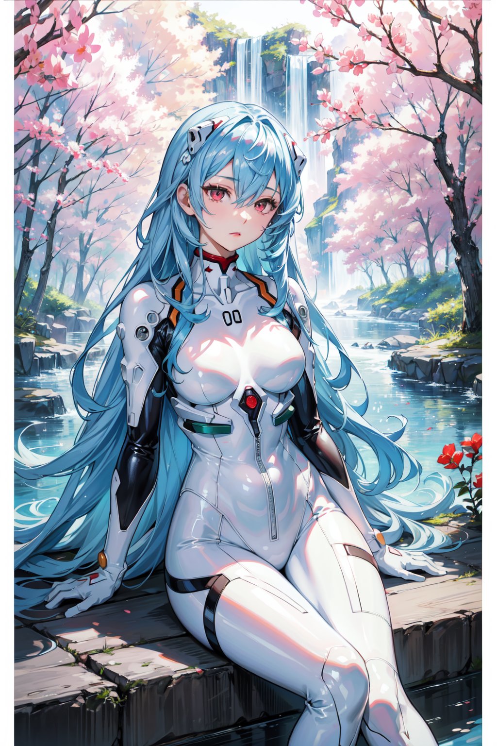 <lora:Rei-000011:0.6>,Rei CYQL,1girl,looking at viewer,solo,blue hair,red eyes,hair between eyes,medium breasts,(Rei 00,long hair,very long hair,hair between eyes,hair spread out,white bodysuit,plugsuit,interface headset,bodysuit,two-tone sleeves),(happy:1.2),beautiful face,beautiful eyes,glossy skin,shiny skin,(panorama,foreshortening,straddling:1.2),arm support,Waterfall, Forest, Rocks, Mist, Trees, River, Rainbow, Serenity,Tulips, Cameras, Twilight, Photography, Capturing beauty, Serenity,beautiful detailed sky,beautiful detailed glow,(English text:1.3),(border:1.5),posing in front of a colorful and dynamic background,(masterpiece, best quality, beautiful and aesthetic:1.3),contrapposto,female focus,fine fabric emphasis,wallpaper,fashion,Lipstick,depth of field,intricate_detail,finely_detailed,fine_fabric_emphasis,(glossy),<lora:增强减少细节add_detail:0.3>,