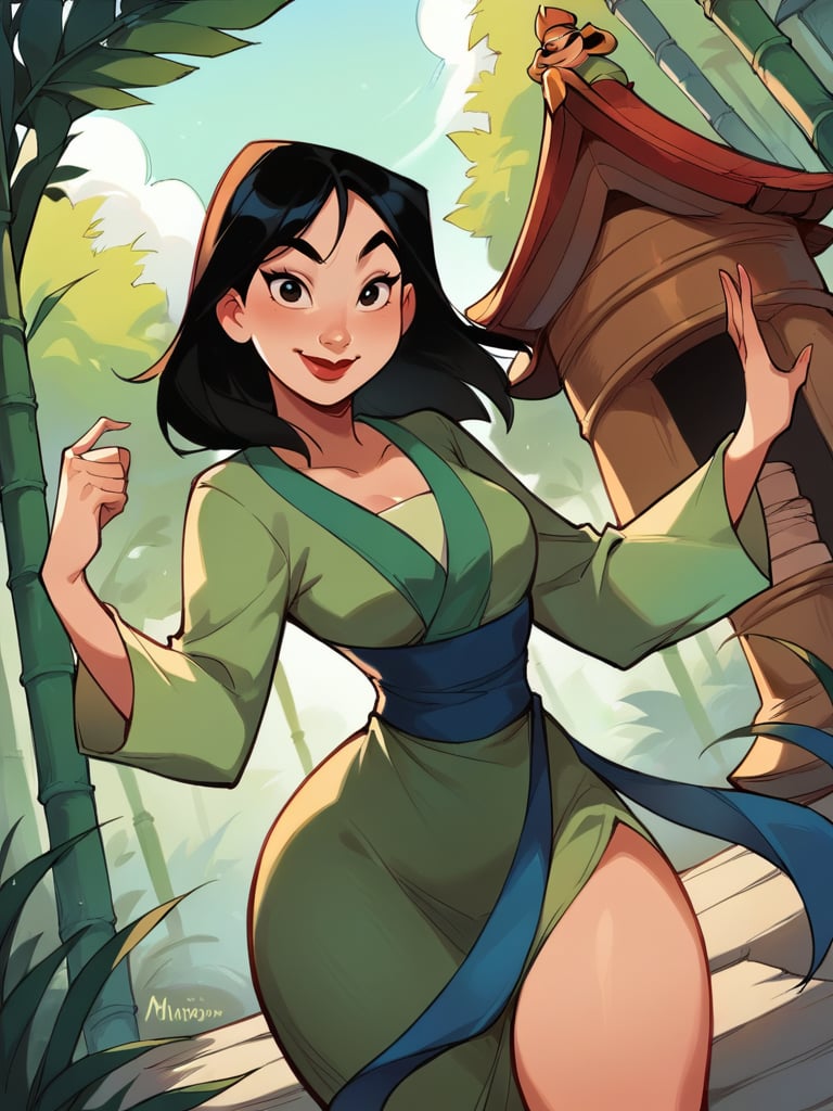 score_9, score_8_up, score_7_up, score_6_up, MulanXLP, smile, long sleeves, green dress, sash, medium breasts, narrow waist, wide hips, thick thighs, looking at viewer, cowboy shot, cartoon, dynamic pose, smile, cute, wide shot, solo, chinese temple, bamboo forest,disney, dutch angle,  <lora:MulanXLP_character:1>